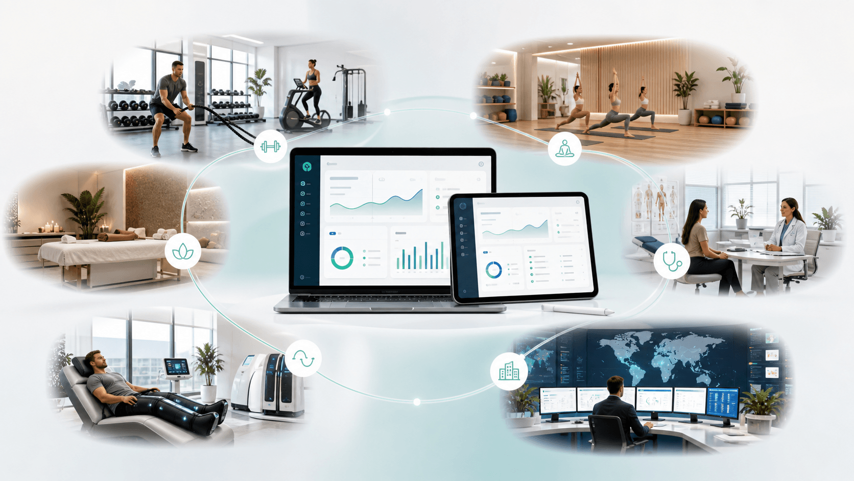 HexaFit operating layer across fitness, wellness, clinic, recovery, and enterprise workflows