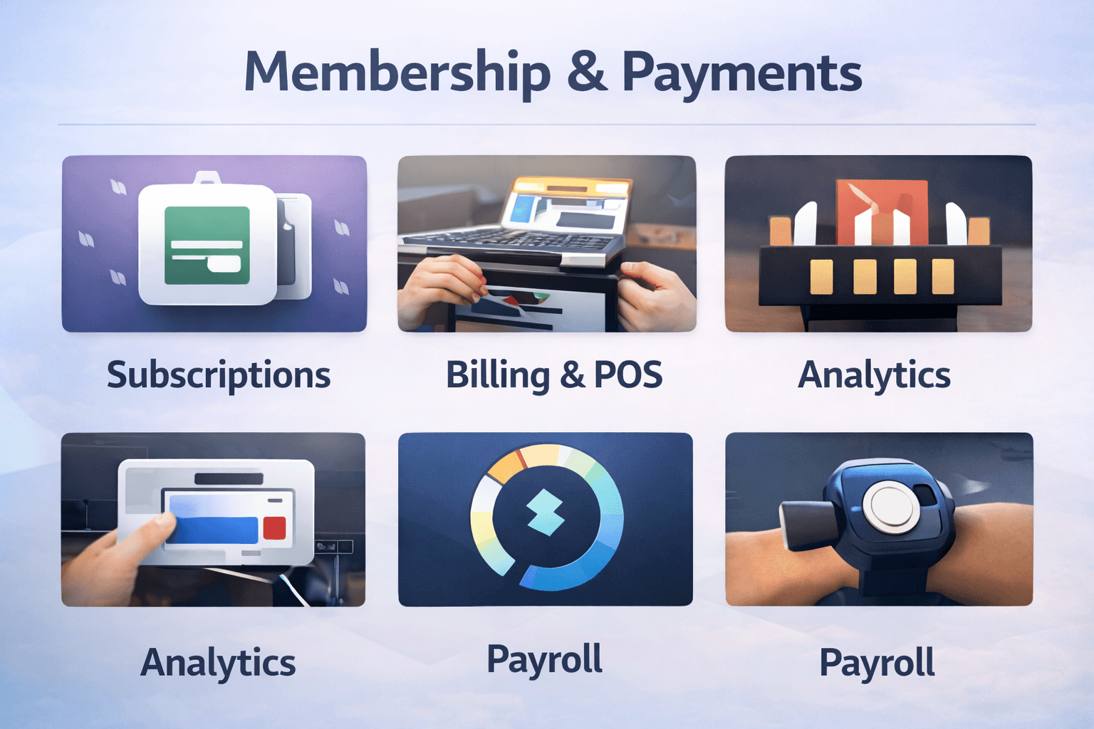 HexaFit memberships and payments visual showing subscriptions, billing and POS, analytics, and payroll